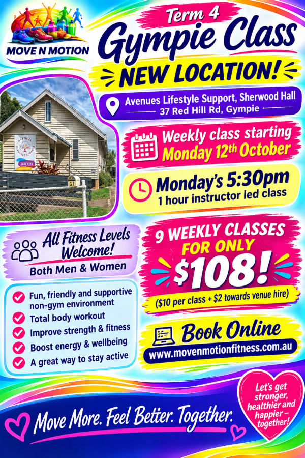 Term 4 Class Block for Gympie Avenues Lifestyle Support, Sherwood Hall class 5:30pm